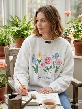 Willow Ridge White Floral 'Early Perennials' Crewneck Sweatshirt